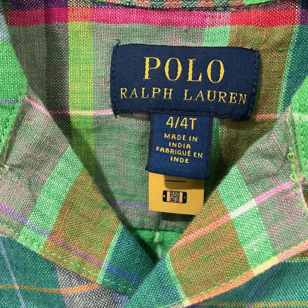 Ralph Lauren Boys Button Down Shirt 4T Plaid Short Sleeve Pony Logo Preppy
